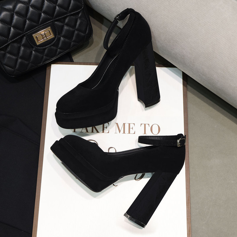 2026 New Black Suede One-Strap Thick-Soled Mary Jane Shoes for Women, Chunky Heel Platform High Heels, Single Shoes for Women