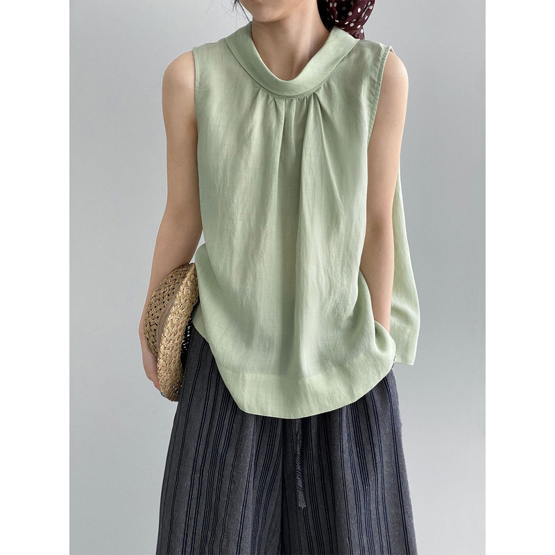 Fruit Green Thin Vest, Lyocell Loose Doll Collar, Back Button Sleeveless Shirt, French Chic Top Fruit Green Thin Vest, Lyocell Loose Doll Collar, Back Button Sleeveless Shirt, French Chic Top