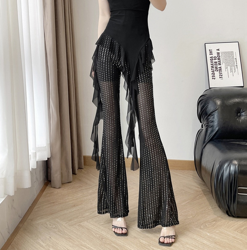 Summer New Style Mesh Sequin Flared Pants High Waist High Elasticity Plus Size See-Through Mesh Hip-Hugging Slim Sexy Wide-Leg Pants