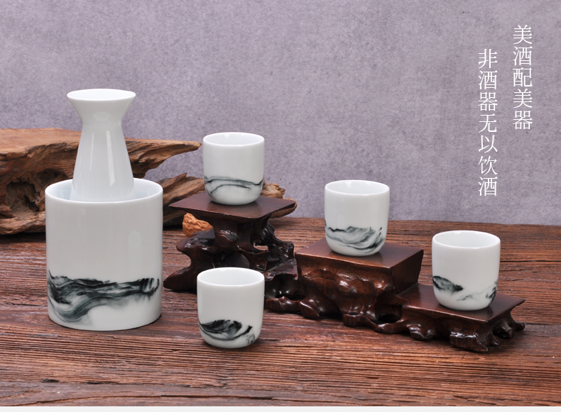 Jingdezhen ceramic hand - made Japanese hot temperature wine pot clear wine set 6 piece warm wine hip suit can "bringing gift boxes