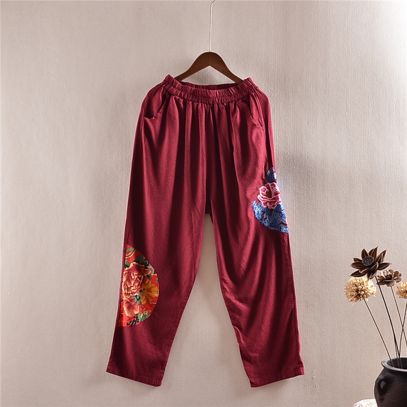 Phong cách dân tộc thêu vá hậu cung quần mùa thu mới đàn hồi eo cotton lỏng quần phụ nữ quần âu 0.3 quần áo
