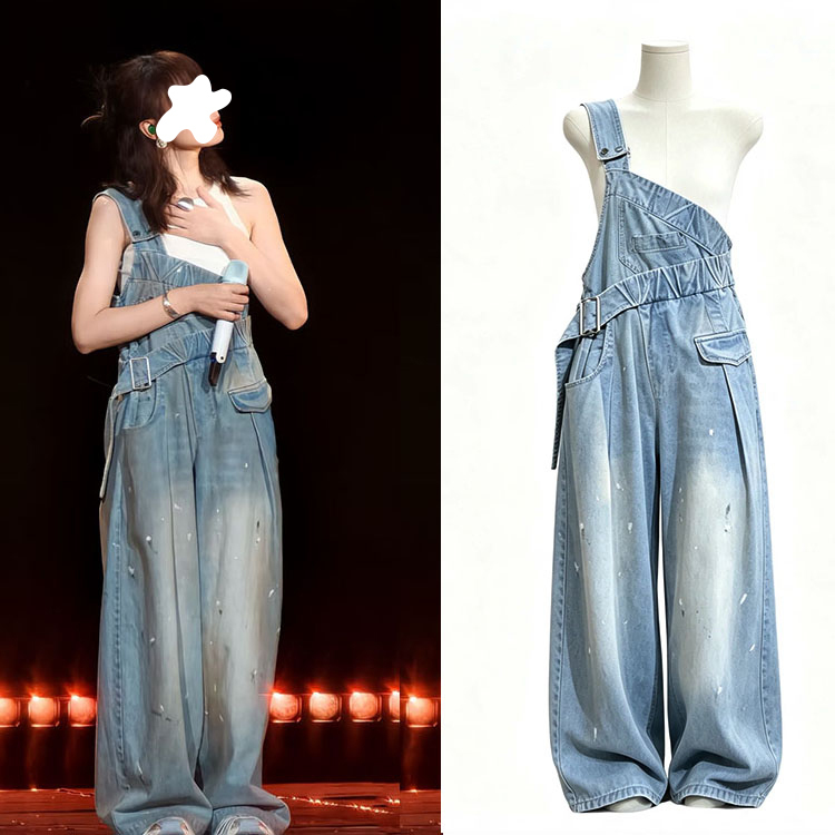 Ren Suxi's Concert-Style Off-Shoulder Graffiti-Style Denim Wide-Leg Pants with a Unique Design, Youthful and Trendy