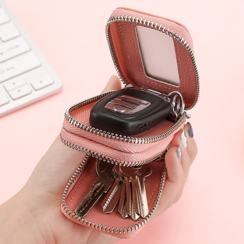 Double zipper key bag women's genuine leather multi-function waist hanging large capacity remote control car lock keychain bag male cowhide universal