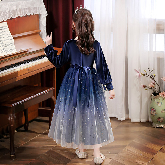 Girls velvet dress autumn and winter plus velvet piano playing dress children's starry sky gauze skirt big boy retro princess dress