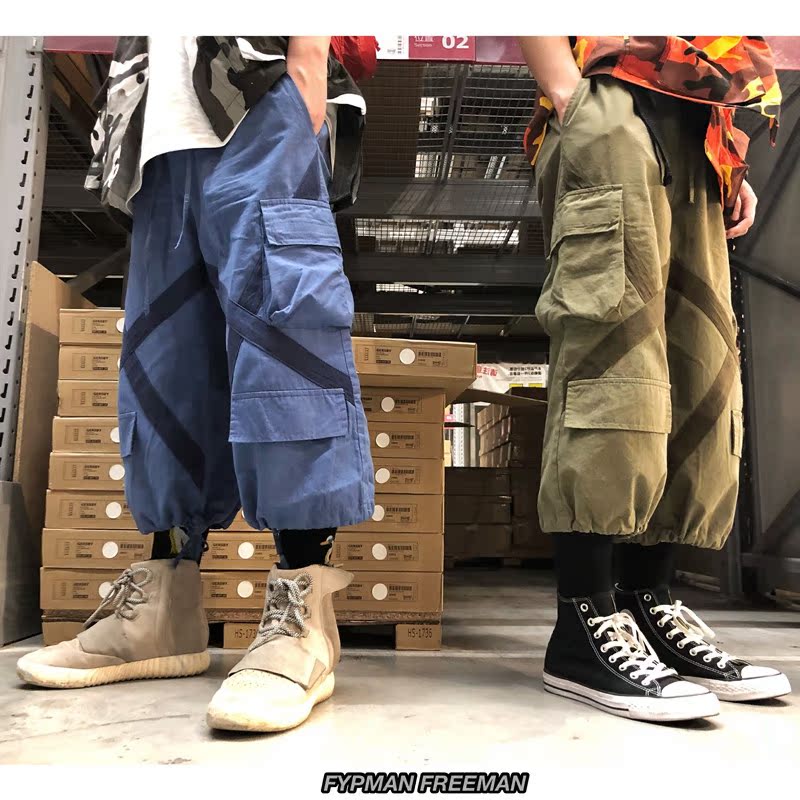 FYPMAN Velcro túi lớn dây rút rộng chân rộng quần yếm nam và nữ nước triều hip hop bảy quần thường quần thể thao nam