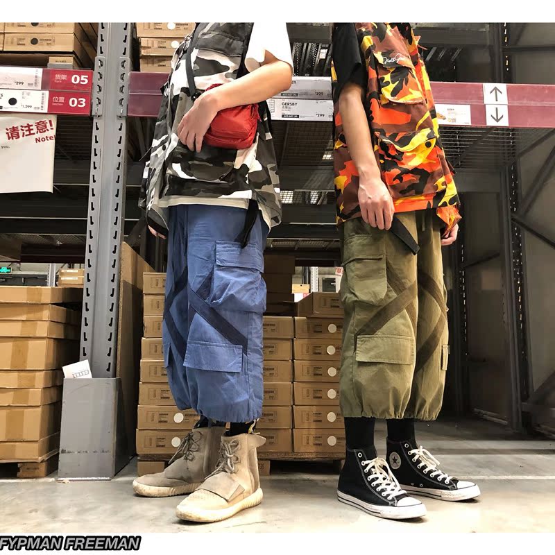 FYPMAN Velcro túi lớn dây rút rộng chân rộng quần yếm nam và nữ nước triều hip hop bảy quần thường quần thể thao nam