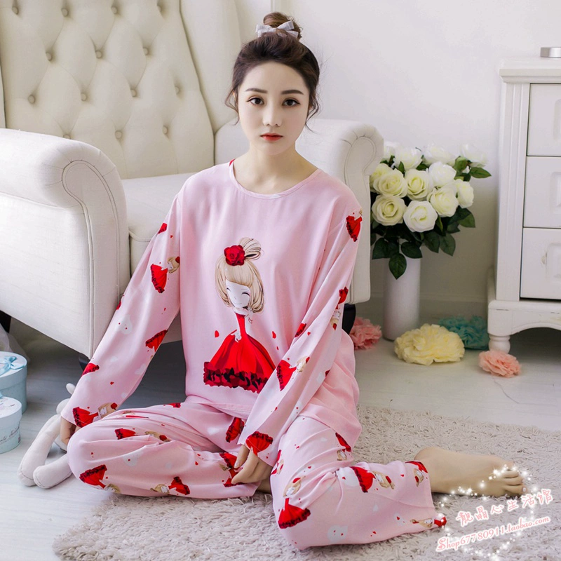 Bộ đồ ngủ cotton lụa mùa xuân và mùa thu phụ nữ mùa hè dài tay ngắn tay phong cách Hàn Quốc tươi sinh viên cotton lụa mỏng phù hợp với dịch vụ tại nhà - Cặp đôi