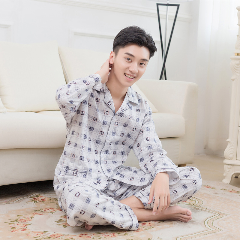 Mùa xuân và mùa thu cotton đồ ngủ nam dài tay vải cotton dịch vụ nhà kích thước lớn cha trung niên dệt mỏng ngắn tay phù hợp với