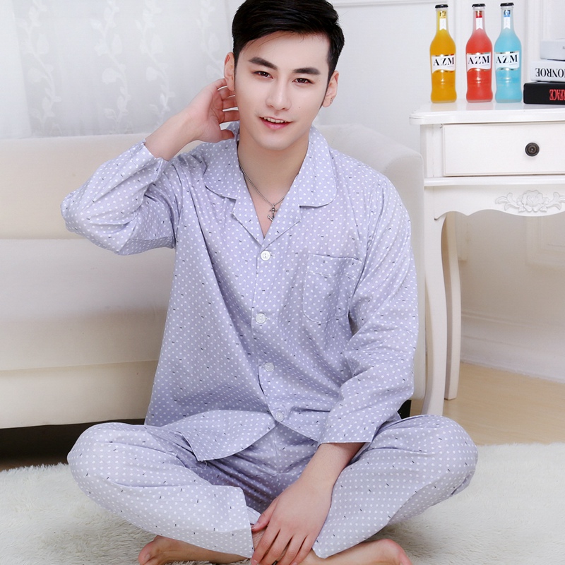 Mùa xuân và mùa thu cotton đồ ngủ nam dài tay vải cotton dịch vụ nhà kích thước lớn cha trung niên dệt mỏng ngắn tay phù hợp với