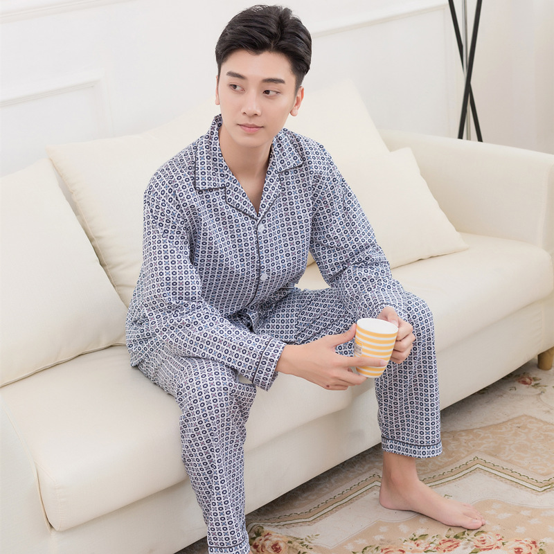 Mùa xuân và mùa thu cotton đồ ngủ nam dài tay vải cotton dịch vụ nhà kích thước lớn cha trung niên dệt mỏng ngắn tay phù hợp với