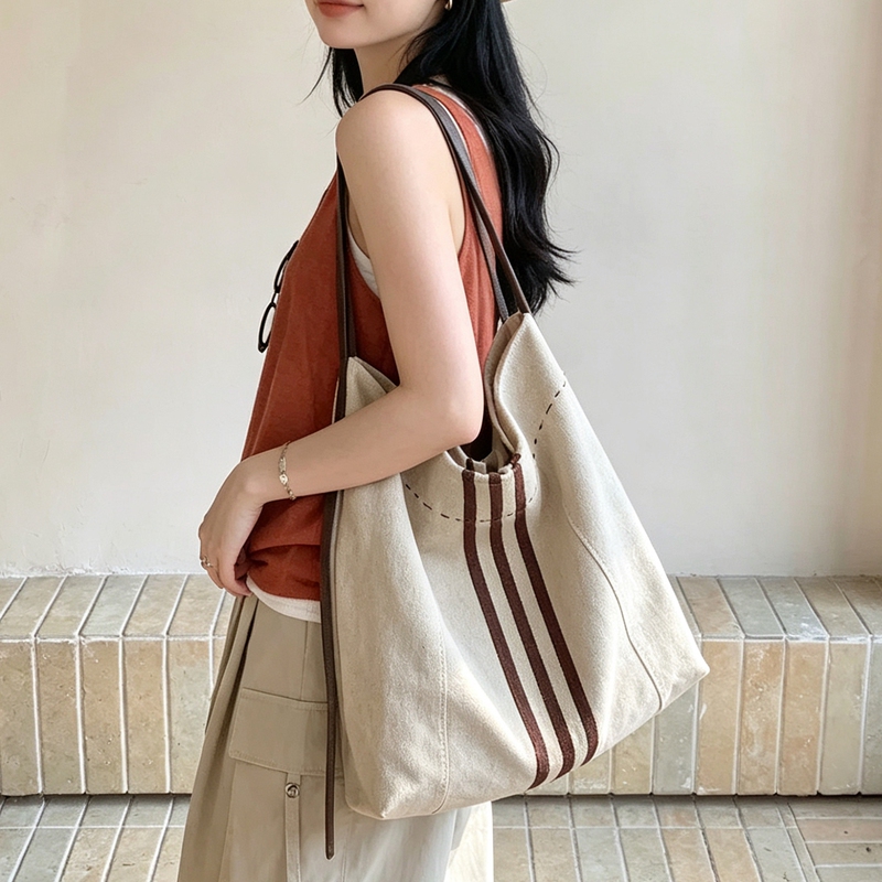 High-End Cotton and Linen Canvas Tote Bag, Casual and Lazy Style, Single Shoulder Crossbody Bag, European Style, Large Capacity, Commuter Bag, Trendy