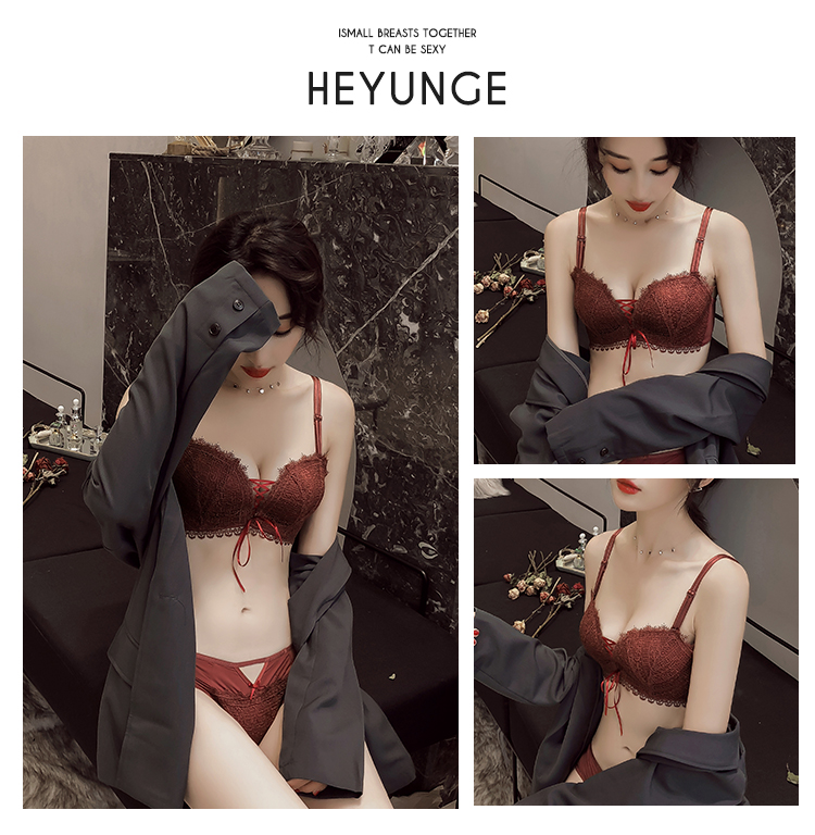 He Yunge mùa thu đông mới thiết lập áo ngực ren dây rút nhỏ gợi cảm để nhận được điều chỉnh sữa thu thập đồ lót dày quần lót nữ triumph
