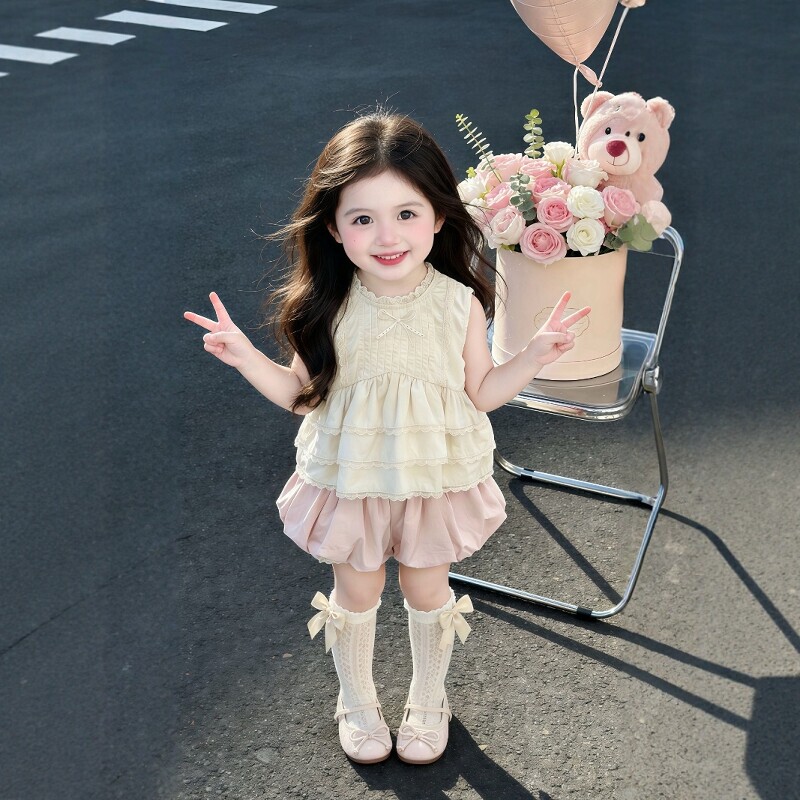 Girls' Summer Outfit 2026 New Style Children's Sleeveless Lace Doll Shirt Baby Stylish Floral Shorts Two-Piece Set
