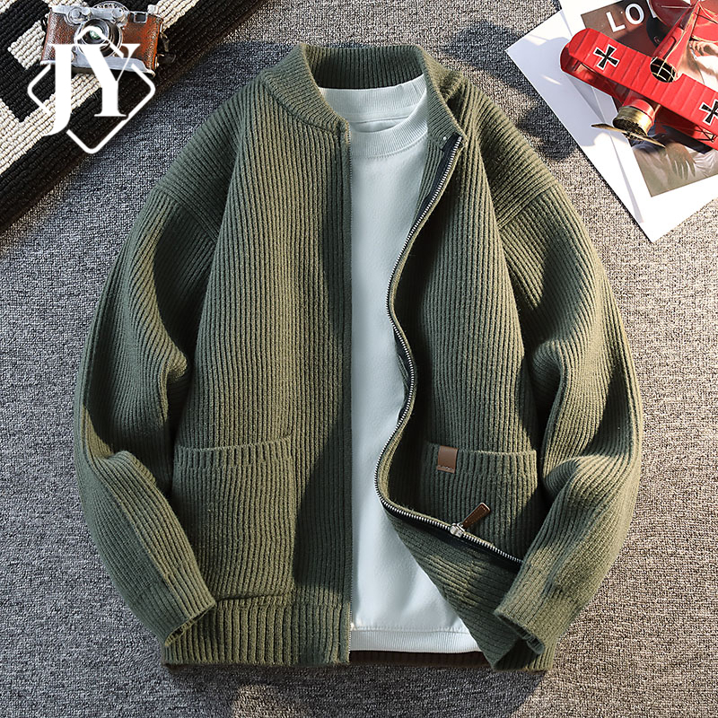 Zipper Baseball Collar Knitted Cardigan Sweater for Men, Autumn and Winter Thickened Base Layer Shirt, American Retro Knitted Sweater Jacket