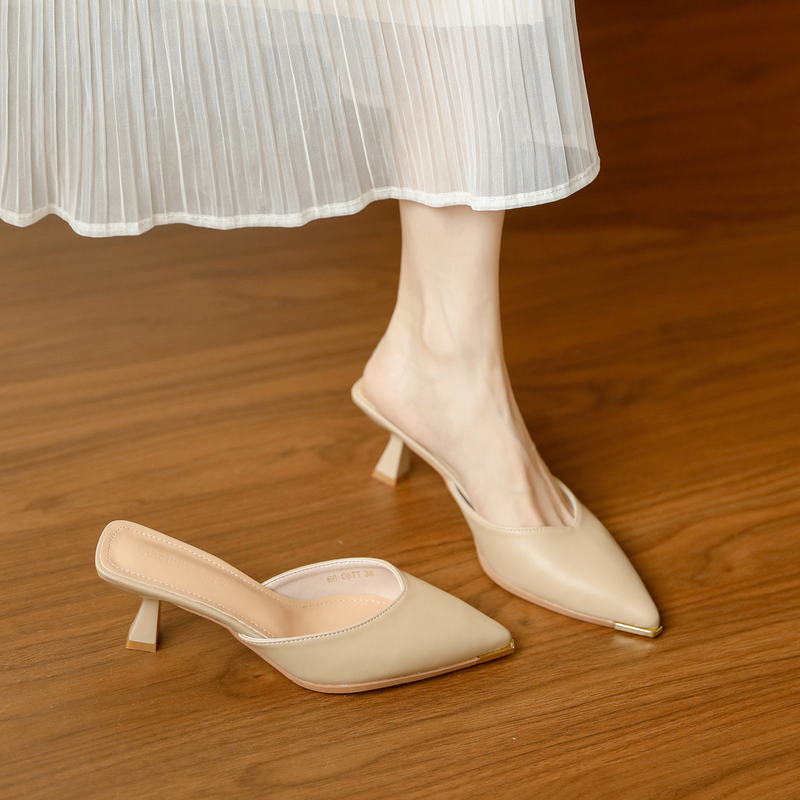 Soft Leather Nude-Colored Anti-Kick Metal-Toe Clogs for Women, Summer Style Slip-On Fairy-Style High-Heeled Half-Slip Sandals