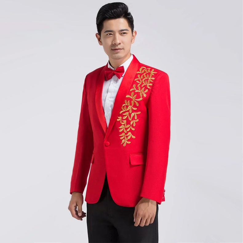 Mới cổ áo màu xanh lá cây thêu phù hợp với phù hợp với sân khấu hợp xướng nam ca sĩ chủ trang phục áo vest dạ nam