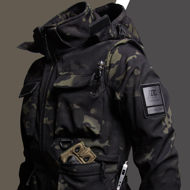 New Outdoor Jacket Set for Men, Camouflage Clothing, Fleece-Lined Soft Shell, Windproof and Waterproof Mountaineering Clothing, Workwear, Sports Wear