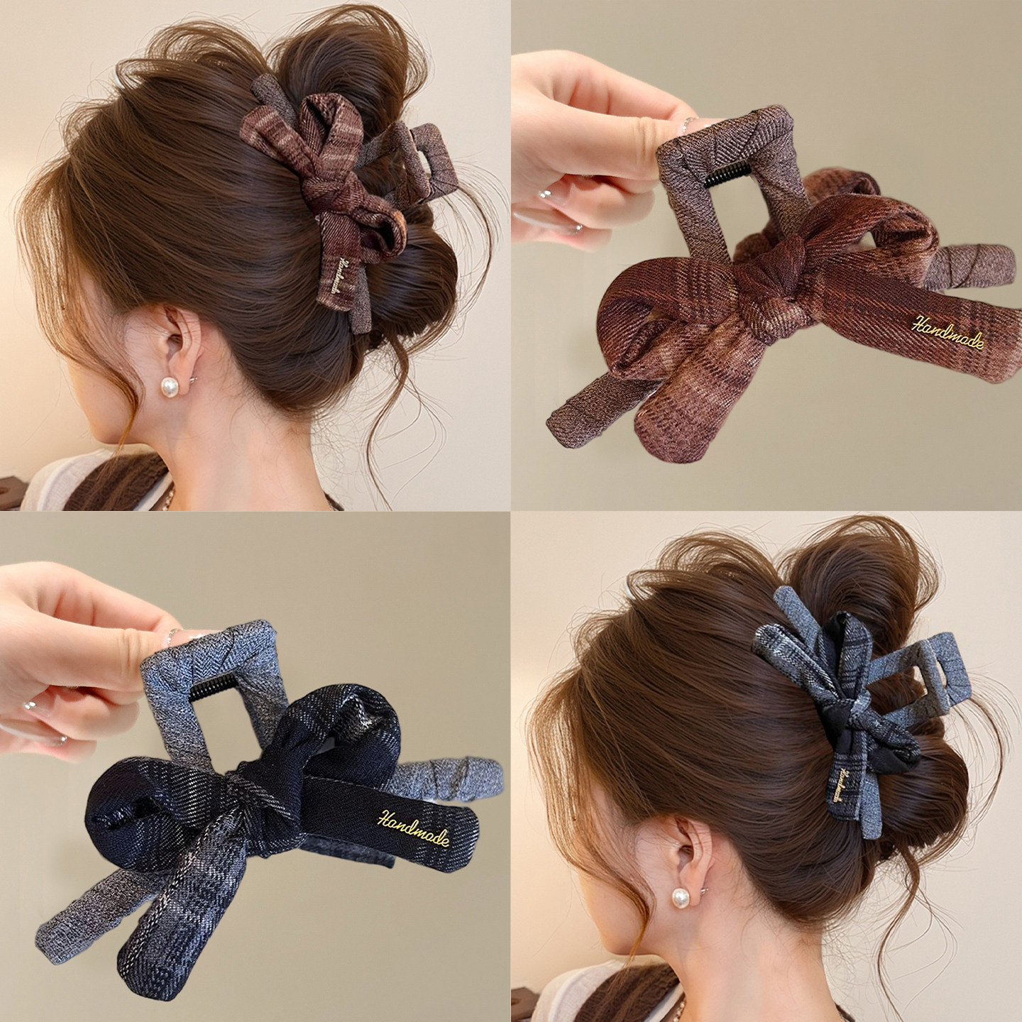 Maillard Plaid Bow Hair Clip for Women, Autumn and Winter, High-End Large Shark Clip, 2025 New Style, Back of the Head Hair Accessory