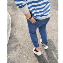 99 points jeans autumn large size jeans women fat mm rear split ankle-length pants high bullet thin pants 200kg