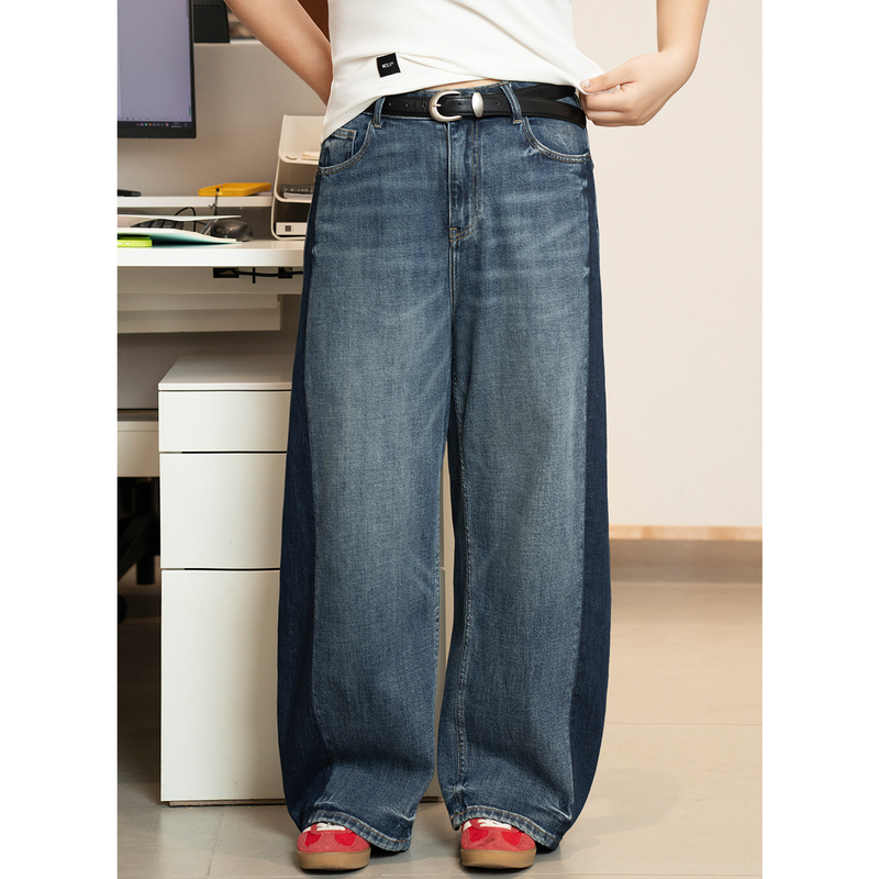 Plus-Size Women's New Autumn High-Waisted Color-Block Slimming Jeans, Straight-Leg Pants That Cover the Body and Make You Look Slimmer, Street Style 100kg