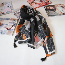 Visual spring and autumn Europe and America big peony flower scarf women shawl big square printed black and gray mix mother