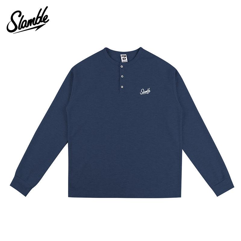 Slamble Waffle Knit Henry Collar Long-Sleeve Sports Casual T-Shirt Pullover Top Base Layer American Style New Model