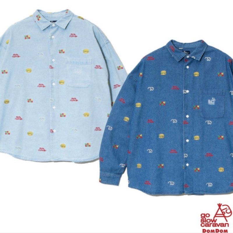 Japanese Outdoor Brand Go Slow Caravan Hamburger Embroidered Denim Loose Fit Shirt