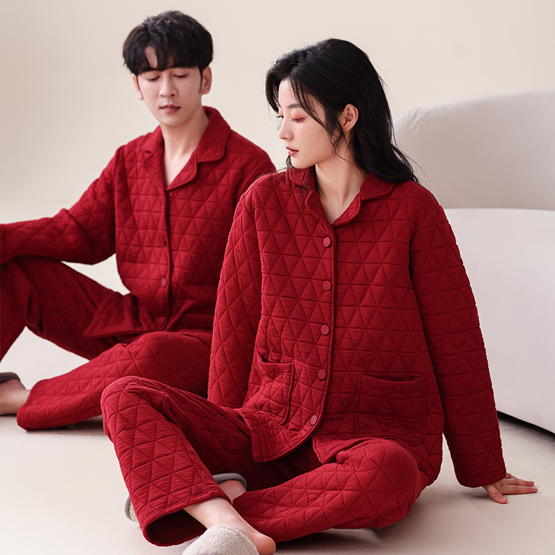 Couple's Pajamas Winter Pure Cotton Thickened Three-Layer Air Cotton Red Wedding Newlywed Home Wear Set for Men and Women
