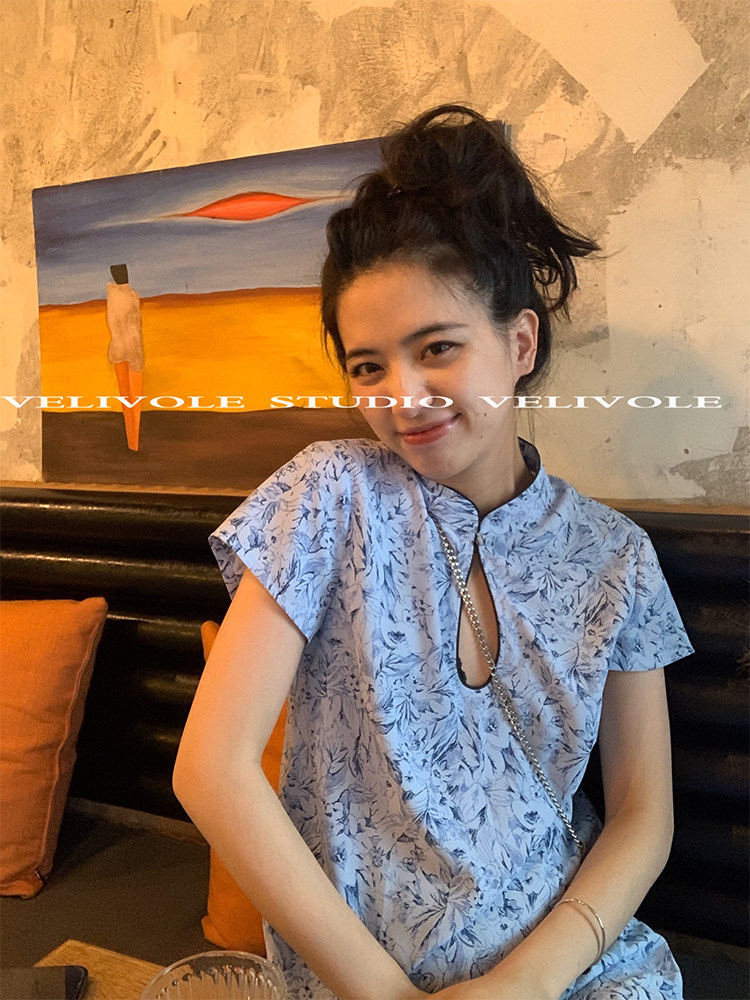 VELIVOLE Pear Vortex China Wind Paper People Improved Qipao Ocean Dress Summer Retro Young Broken Flowers Skirt