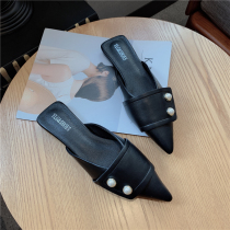 Net red 2020 new square head pearl Baotou Half slippers female outwear genuine leather flat bottom cool dragging sloth Mueller Shoe Summer