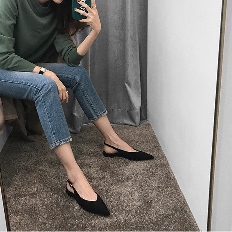 2022 new European and American V mouth Baotou shallow mouth custard rear air sandal women black single shoe flat heel flat-bottomed female shoes Summer-Taobao