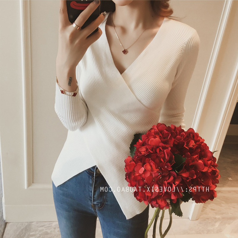 Phiên bản Hàn Quốc của những chiếc áo len ngắn bó sát không thường xuyên của phụ nữ mùa thu và mùa đông cổ chữ V dài tay gợi cảm áo len cổ cao