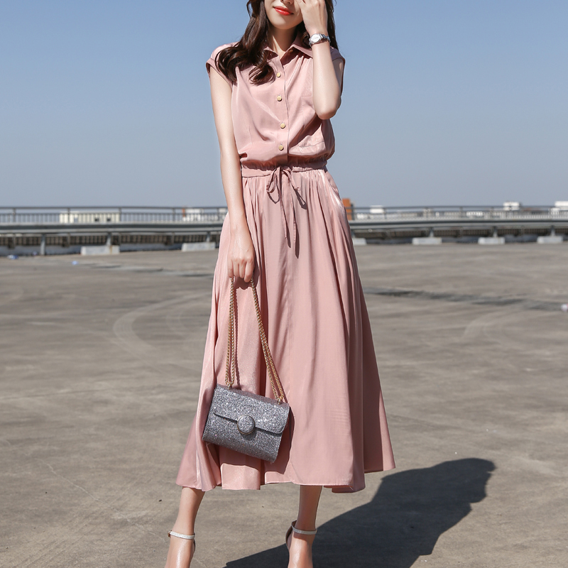 Dress for Women 2026 Summer Fashion New Style Cupro Silk Slimming Over-The-Knee Mid-Length Dress Elegant Socialite Shirt Dress