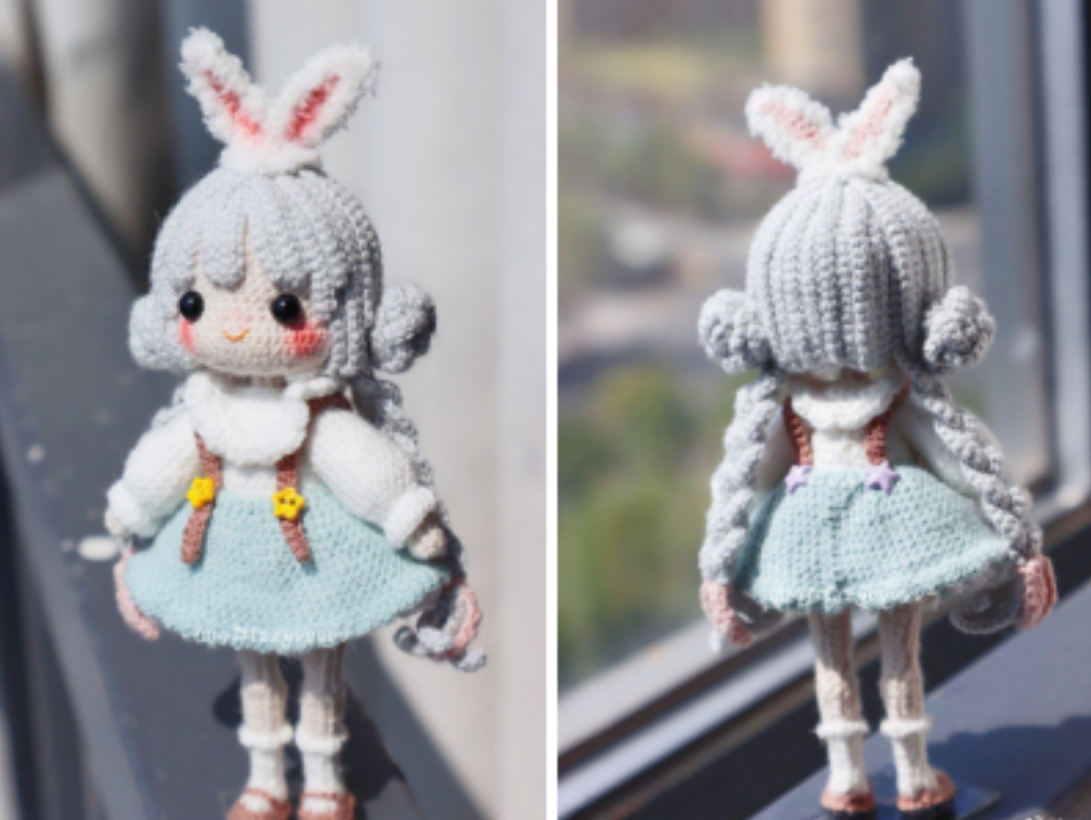 (624) Crochet illustration Little cute white tea girl illustration Handmade wool DIY puppet doll illustration