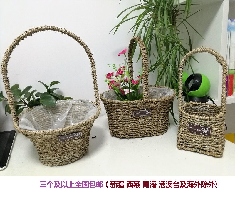 Pure handmade new straw weaving portable basket European-style pastoral creative rattan weaving flower arrangement basket green plant succulent flower pot flower device