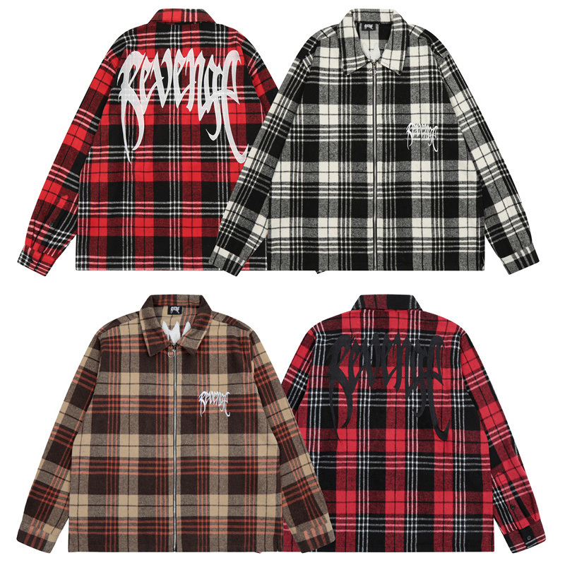 Revenge Shirt with Plaid Pattern, Loose Fit, Embroidered Zipper, American Street Style, Trendy Casual Long-Sleeve Jacket for Men and Women