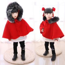 Girls hooded cloak Cloak large child wool material big hair collar Red Christmas New Year outside the winter coat