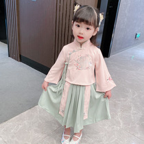 Girls cheongsam set autumn cotton and hemp embroidery improved Chinese costume dress zither dance performance