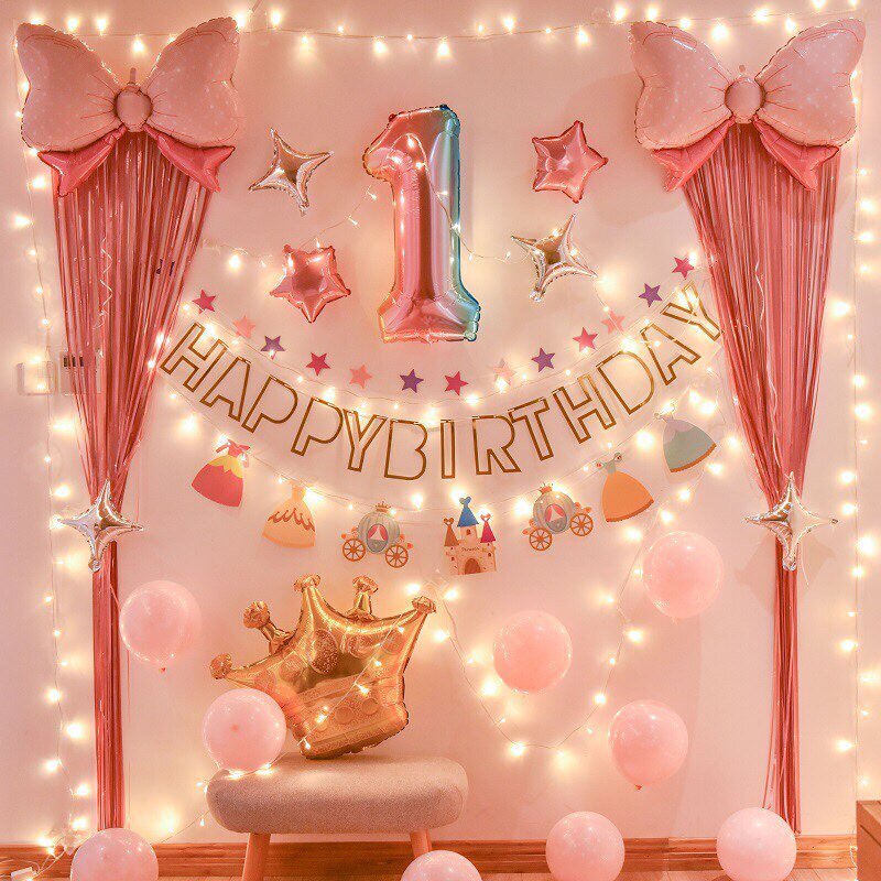 Powder theme girl year old party children 100 days background wall scene layout baby happy birthday decorations