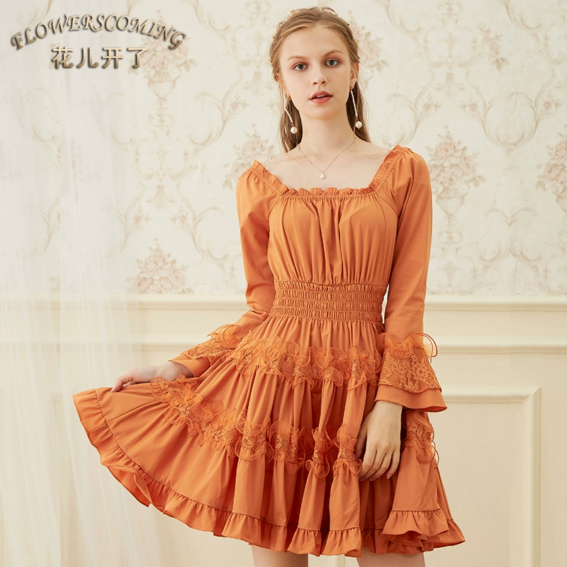 Huaer mở chiếc váy mùa thu của phụ nữ, váy công chúa ngọt ngào mới, áo dài tay, váy mỏng, phồng thời trang - Váy eo cao