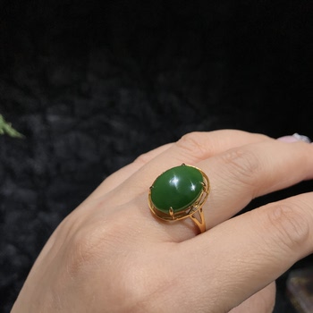 Ruxian jade road 18k gold inlaid spinach green egg ring laokeng hotan jasper dark green gold inlaid jade ring