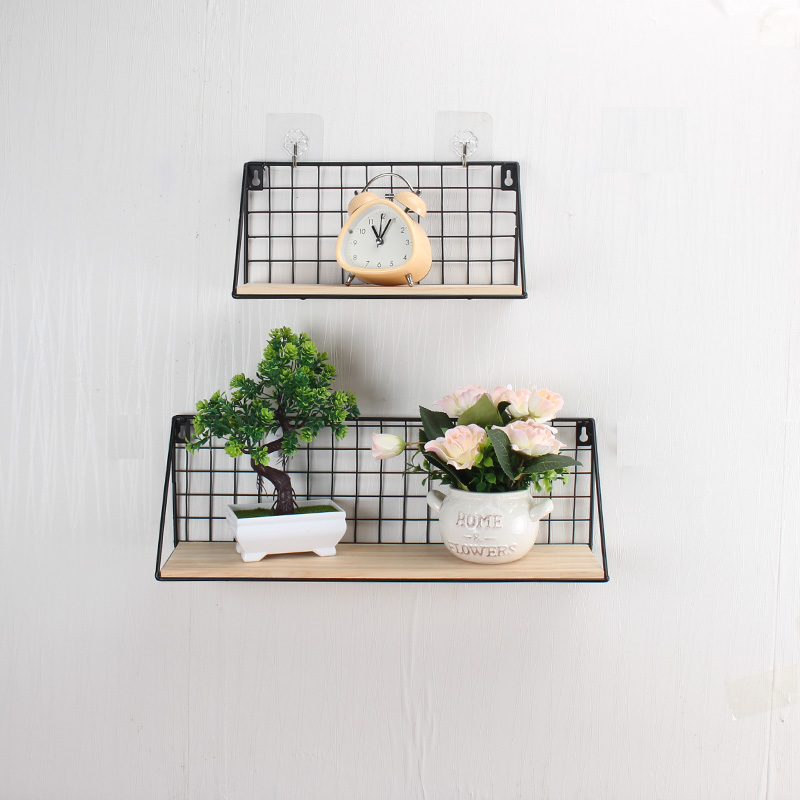 Non-perforated wall shelf creative wrought iron wall hanging bedroom wall hanging basket one-character partition storage shelf shelf