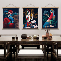 National style solid wood hanging shaft painting fabric tapestry living room bedroom porch painting background wall decoration hanging painting homestay hanging cloth
