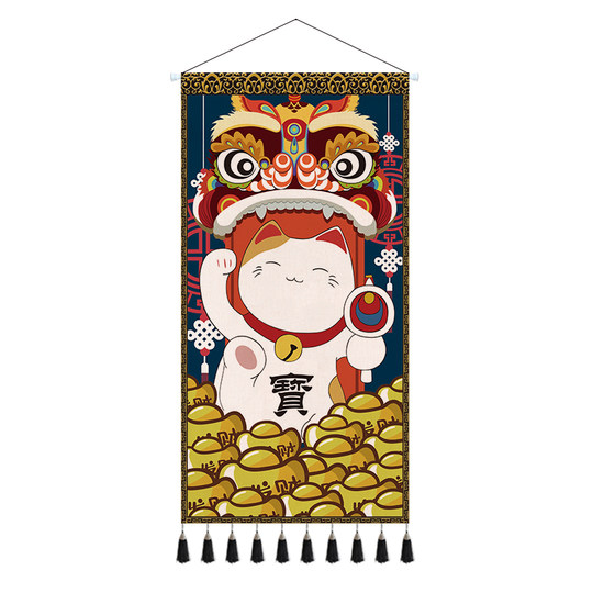 招财猫布艺挂画玄关客厅背景墙装饰画民宿挂毯墙画日式挂布遮挡布
