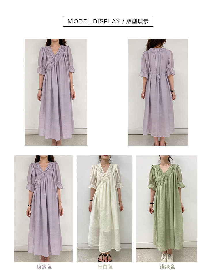 2022夏季温柔风无领绑带披挂式V领连衣裙女系带收腰显瘦A字裙详情3