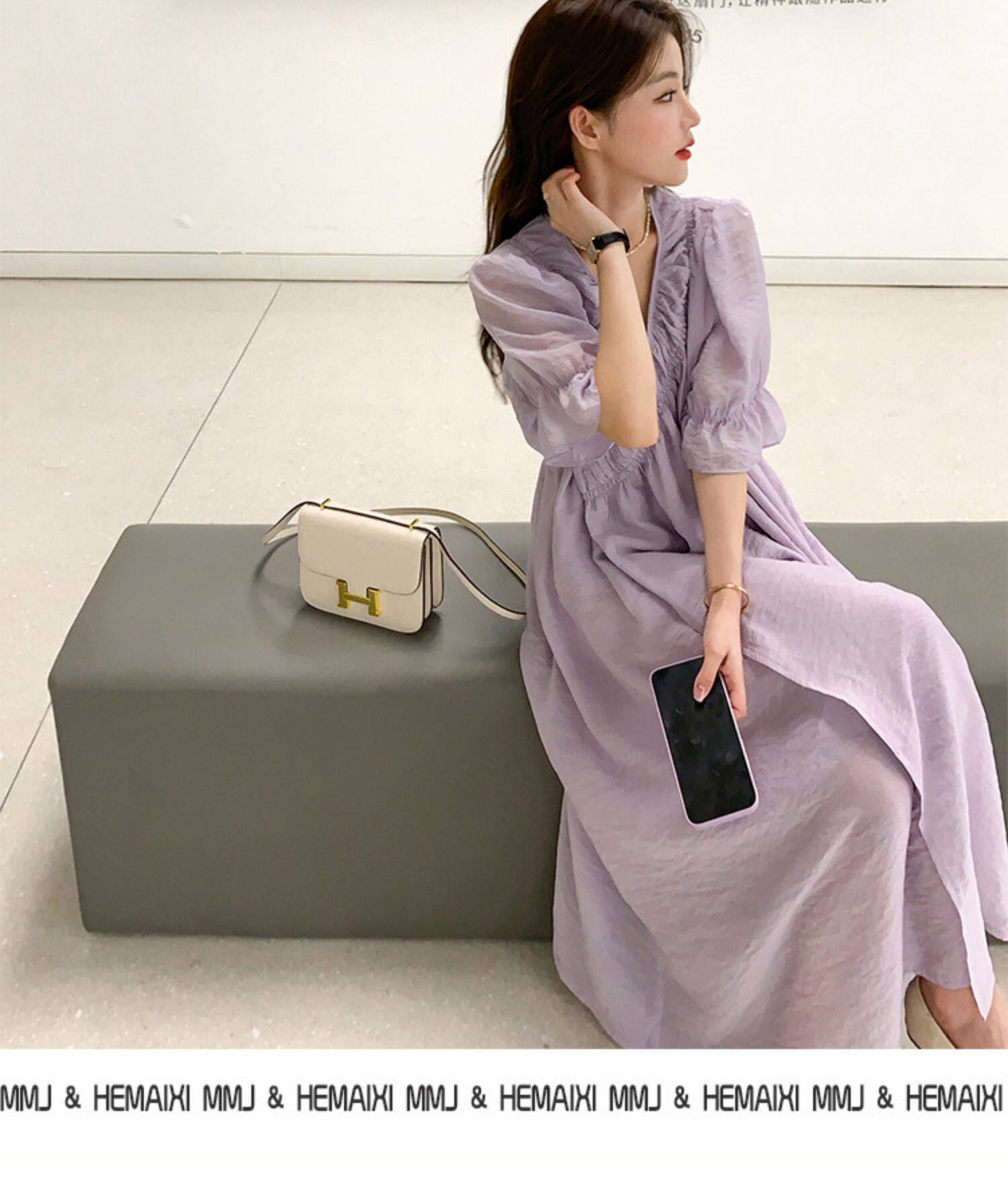 2022夏季温柔风无领绑带披挂式V领连衣裙女系带收腰显瘦A字裙详情14