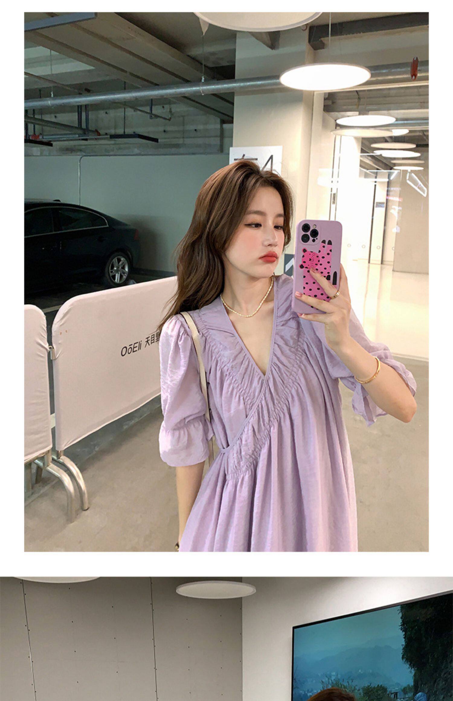 2022夏季温柔风无领绑带披挂式V领连衣裙女系带收腰显瘦A字裙详情24