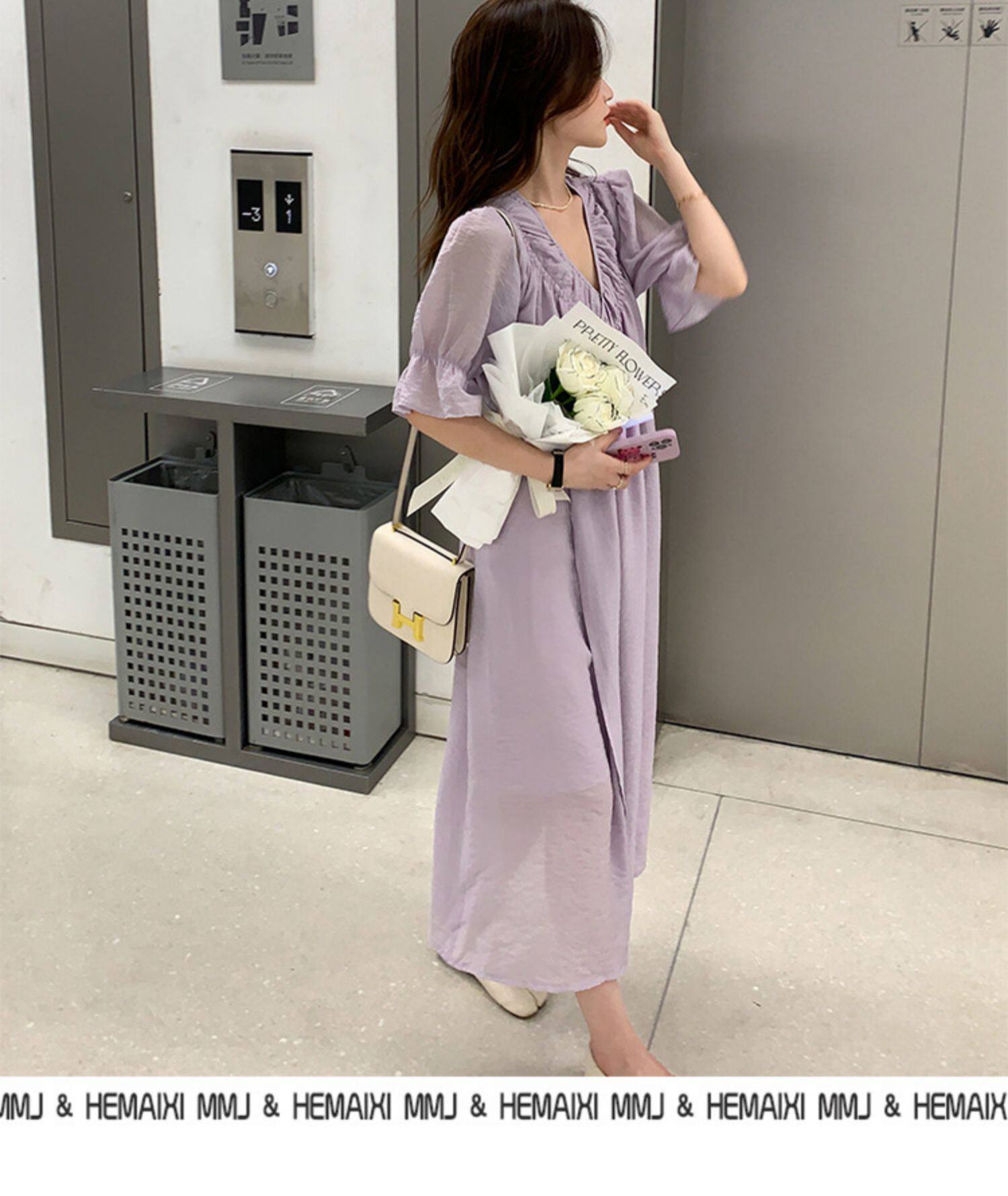 2022夏季温柔风无领绑带披挂式V领连衣裙女系带收腰显瘦A字裙详情31