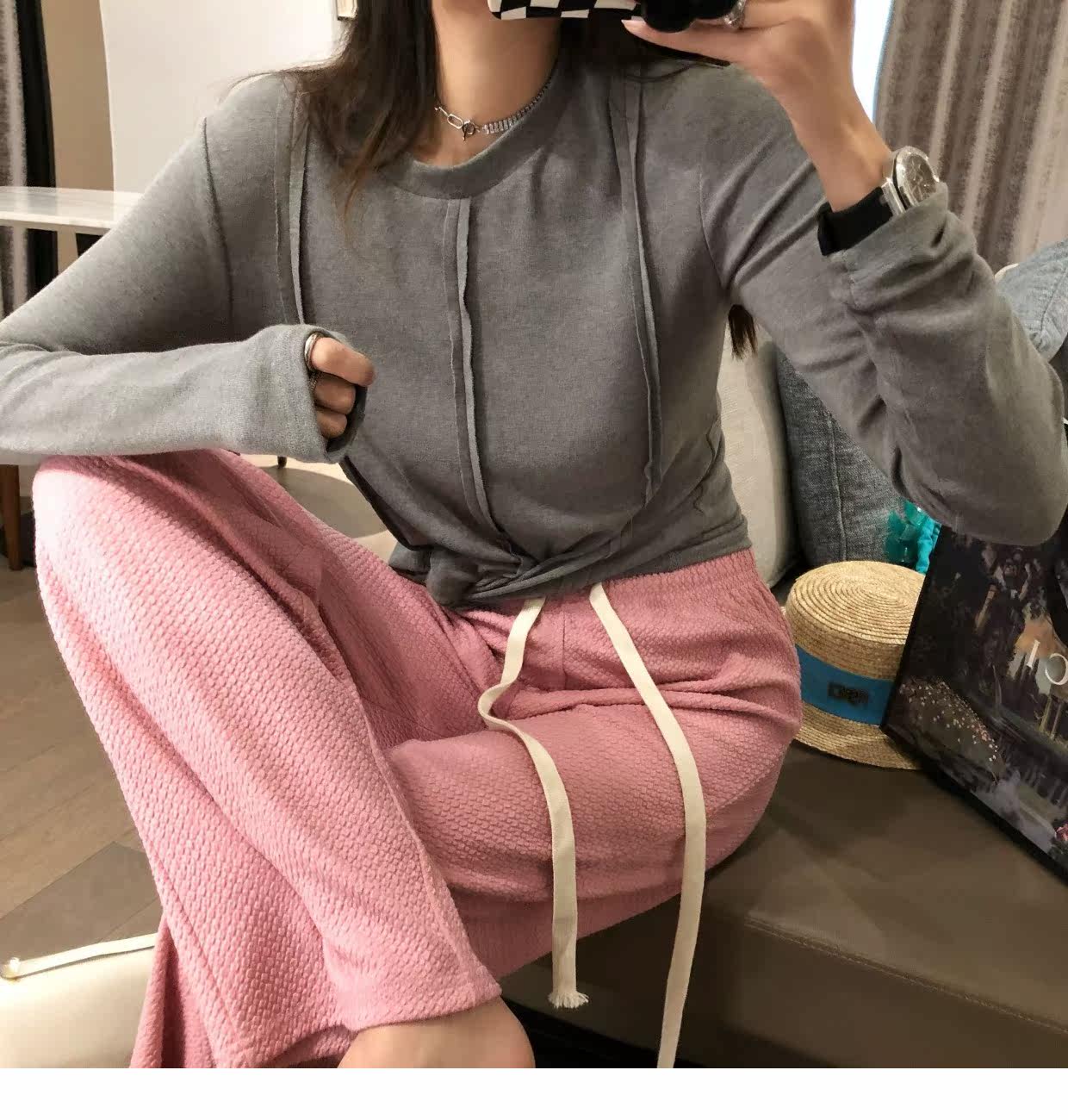 泡泡纱抽绳阔腿长裤2022春装新款直筒宽松高腰垂感显瘦长裤详情10