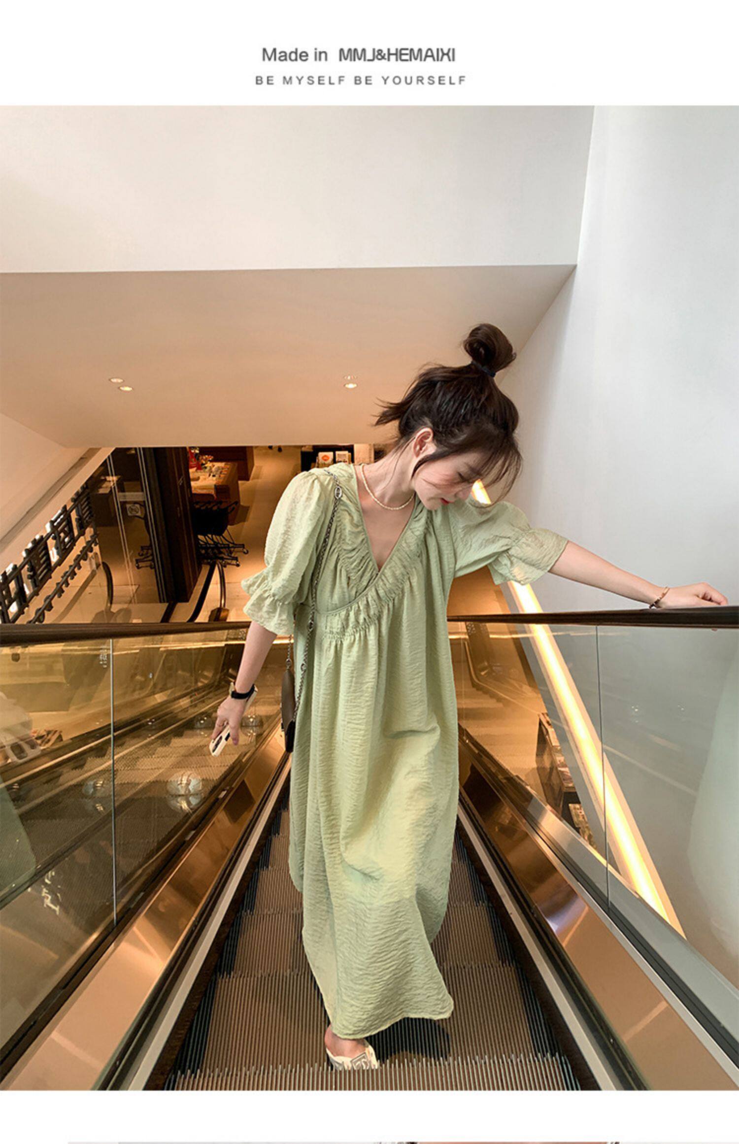 2022夏季温柔风无领绑带披挂式V领连衣裙女系带收腰显瘦A字裙详情28